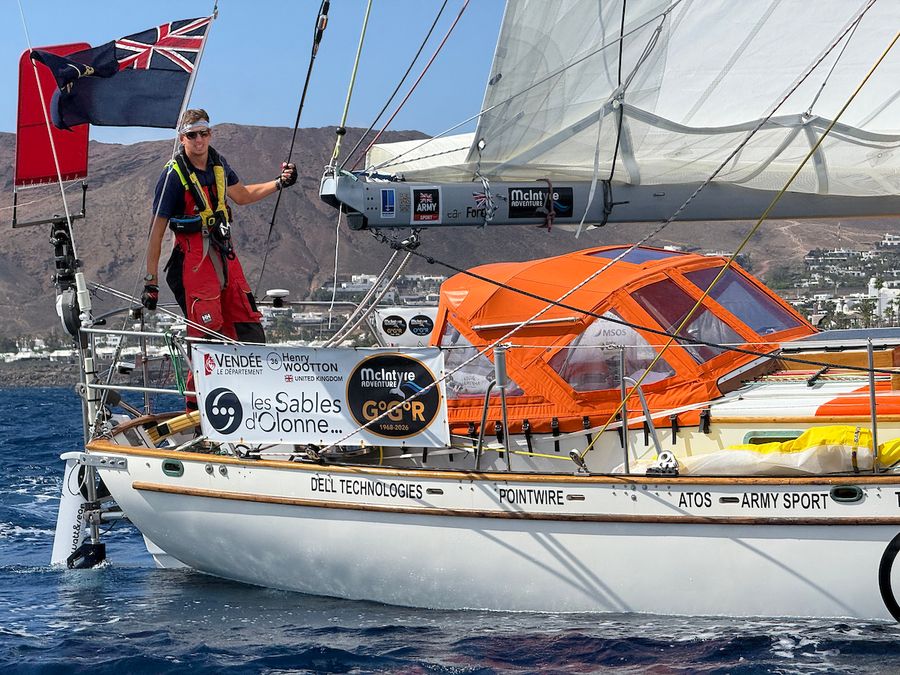British skipper Henry Wootton aboard his Cape George 36 cutter PRIVATEER during the Lanzarote film drop. His westerly push southwest could help him dodge the worst of Tropical Storm Gonzalo as he heads towards the Doldrums. Credit: Don McIntyre / GGR2026