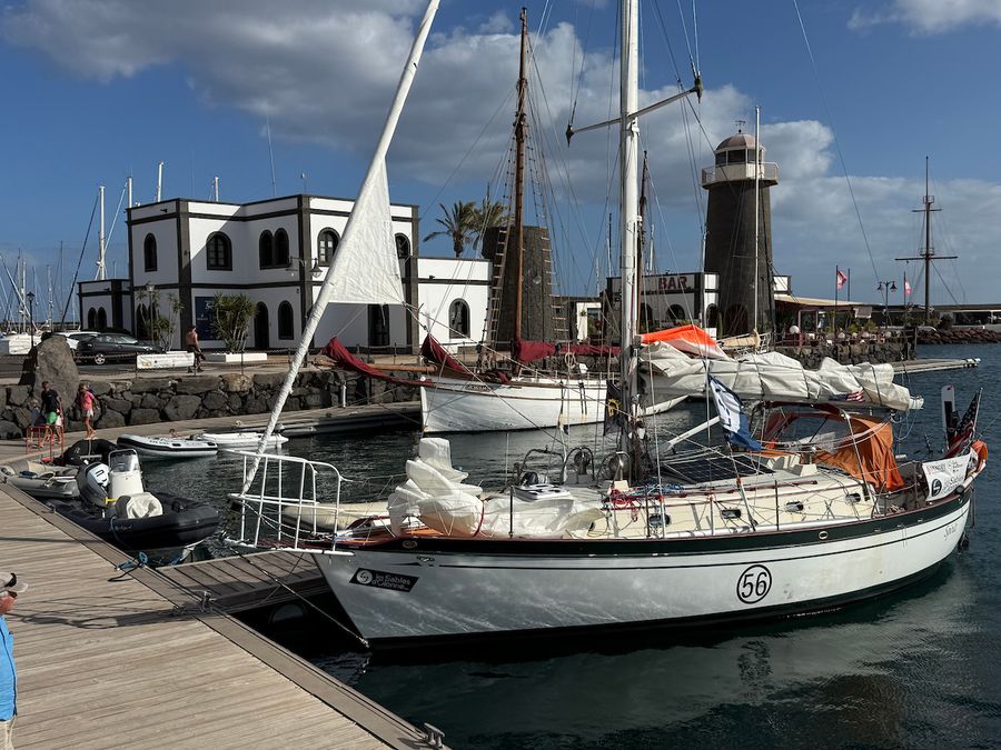 American skipper Guy deBoer's Tashiba 36 SPIRIT lies alongside at Marina Rubicón, Lanzarote, as organisers await a surveyor's report on required chainplate and hull repairs before he can resume racing in Chichester Class. Credit: Don McIntyre / GGR2026