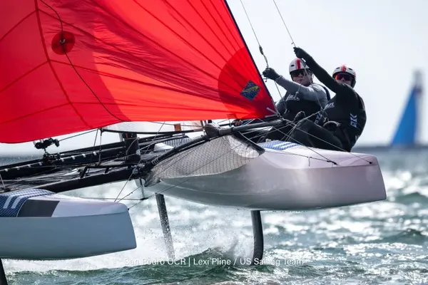 Micah Wilkinson and Kate Stewart are holding a top-10 position in the Nacra 17 fleet.