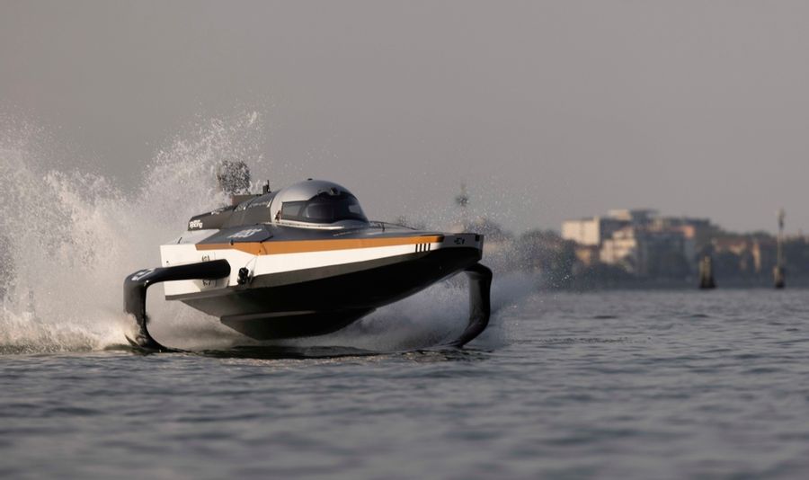 VENICE, ITALY - JUNE 05: Pictures of the E1 ‘RaceBird’ electric foiling powerboat testing and running through the city of Venice to celebrate the launch of the series June 05, 2022 in Venice (Photo by Lloyd Images)