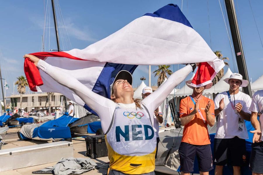 Marit Bouwmeester celebrates her gold medal win.