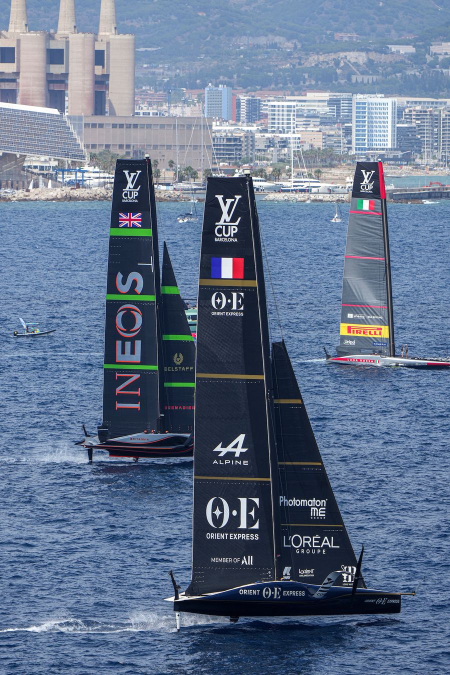 Orient Express Racing of France racing INEOS Britannia. August 25, 2024. Louis Vuitton Preliminary Regatta, Race Day 3. ORIENT EXPRESS RACING TEAM, INEOS BRITANNIA Picture Credit: AC37 media