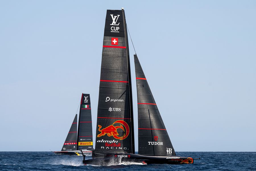 Shocking turn of events - Alinghi nosedives and then Luna Rossa touches the edge of the course and takes a penalty. August 25, 2024. Louis Vuitton Preliminary Regatta, Race Day 4. ALINGHI RED BULL RACING, LUNA ROSSA PRADA PIRELLI TEAM
