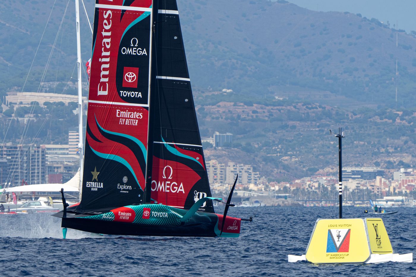 Emirates Team NZ crossing the start line - just as Orient Express Racing withdraws from the race. August 31, 2024. Race Day 3 of the Louis Vuitton Cup. Photo Credit: AC37 media