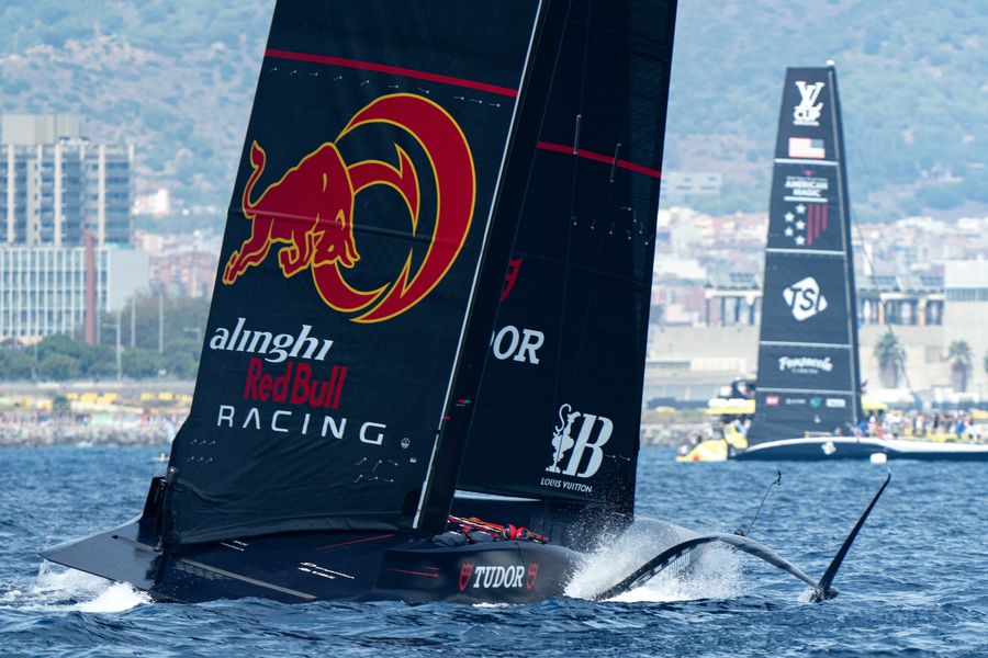 Low winds meant Alinghi struggled to foil today.<br />August 31, 2024. Race Day 3 of the Louis Vuitton Cup. ALINGHI RED BULL RACING Photo Credit: AC37 media