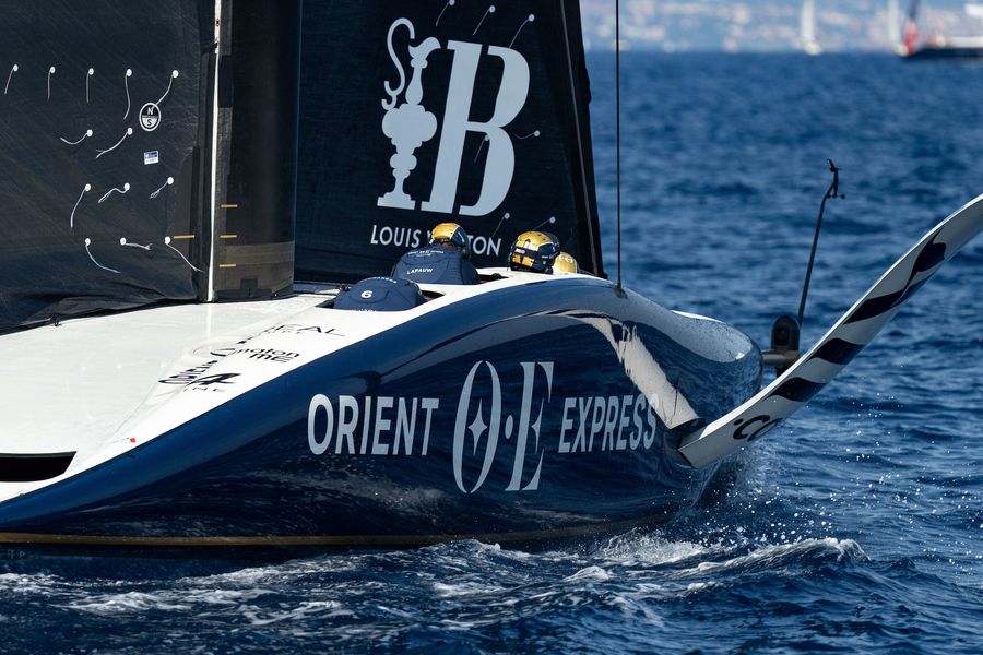 Orient Express Team Racing had a bad day, really having problems with the low winds. They spent more time off their foils than on it during this race. August 31, 2024. Race Day 3 of the Louis Vuitton Cup. ORIENT EXPRESS RACING TEAM Photo Credit: AC37 media