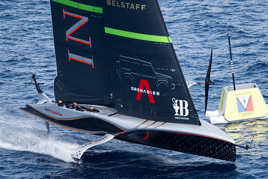 INEOS sailing old school, having problems with the slack wind.  August 31, 2024. Louis Vuitton Cup, Race Day 3. INEOS BRITANNIA
