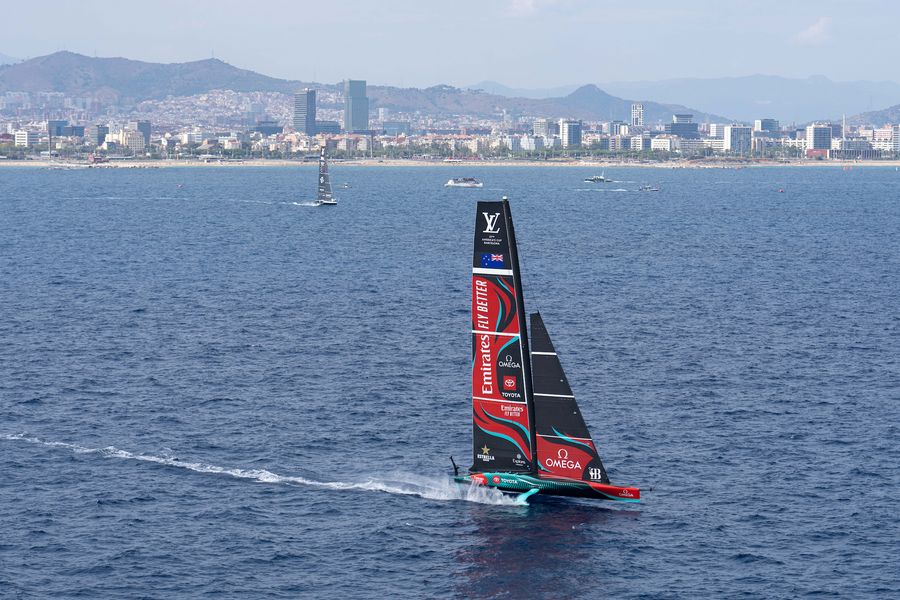 Emirates Team NZ leading the race, American Magic is in the distance. September 01, 2024. Race Day 4 of the Louis Vuitton Cup. NYYC AMERICAN MAGIC, EMIRATES TEAM NEW ZEALAND