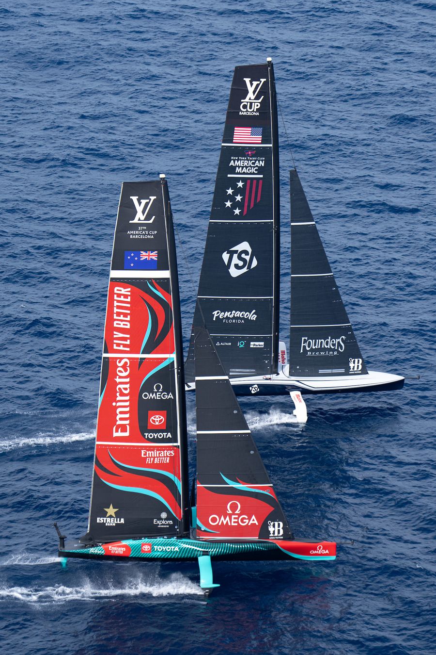 Two well matched teams racing this afternoon in Barcelona September 01, 2024. Race Day 4 of the Louis Vuitton Cup. NYYC AMERICAN MAGIC, EMIRATES TEAM NEW ZEALAND