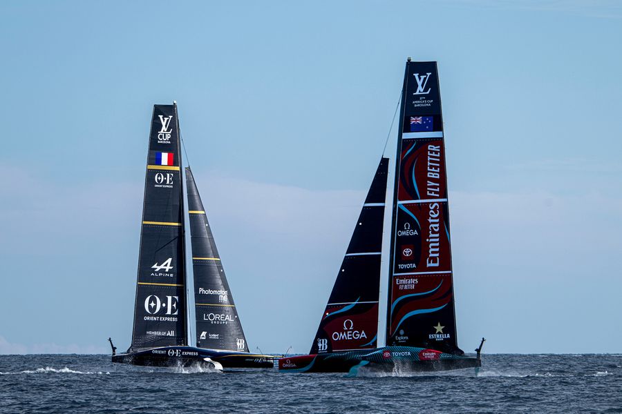 September 05, 2024. Louis Vuitton Cup, Race Day 6. ORIENT EXPRESS RACING TEAM, EMIRATES TEAM NEW ZEALAND Photo Credit: AC37 media