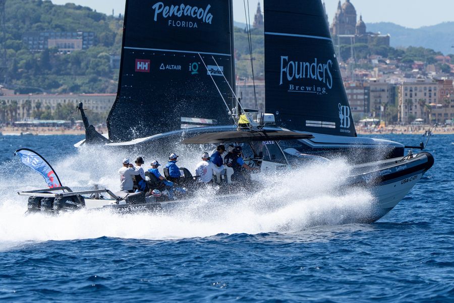 September 14, 2024. Louis Vuitton Cup, Semi Finals Race Day 1. NYYC AMERICAN MAGIC repair team gets them started Photo Credit: AC37 media