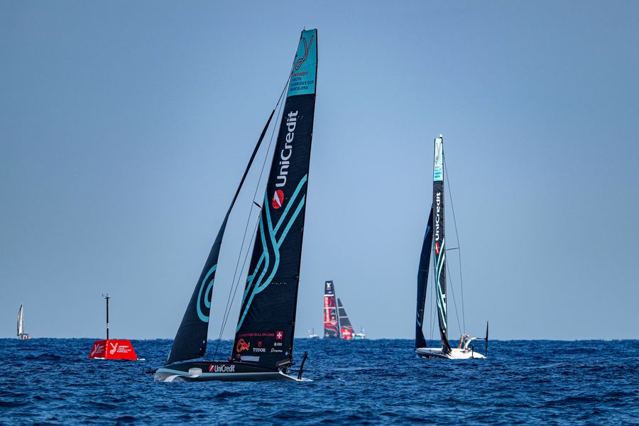 September 17, 2024. UniCredit Youth America's Cup, Race Day 1 - Group A. Alinghi Red Bull Racing Youth Team, Luna Rossa Prada Pirelli Youth Team. Photo Credit: AC37 media