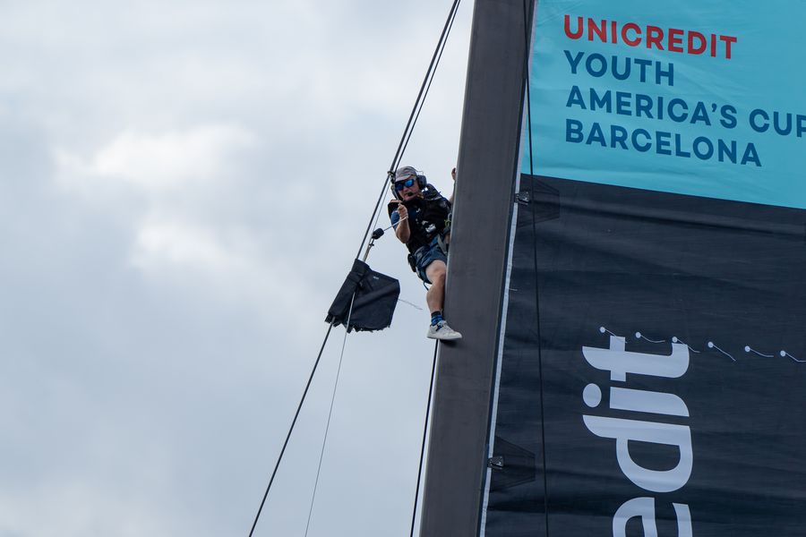 September 17, 2024. UniCredit Youth America's Cup, Race Day 2 - Group A. Orient Express - L'Oréal Racing Youth Team with a broken jib. Photo Credit: AC37 media