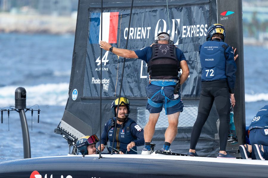 September 17, 2024. UniCredit Youth America's Cup, Race Day 2 - Group A. Orient Express - L'Oréal Racing Youth Team with a broken jib.