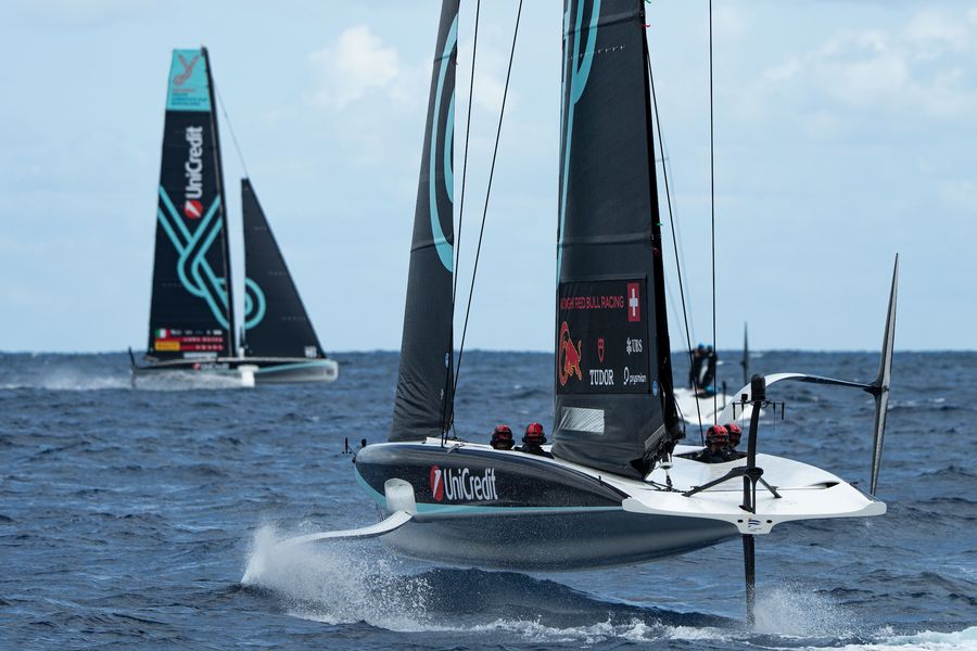 September 17, 2024. UniCredit Youth America's Cup, Race Day 2 - Group A. Alinghi Red Bull Racing Youth Team, Luna Rossa Prada Pirelli Youth Team Photo Credit: AC37 media