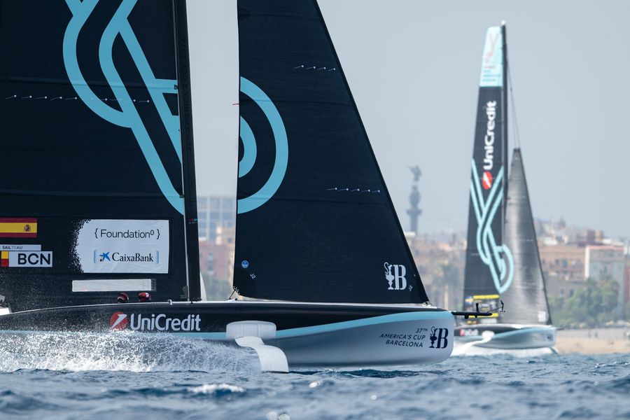 September 17, 2024. UniCredit Youth America's Cup, Race Day 6 - Group B. Sail Team BCN Youth, Swedish Challenge Youth Team powered by Artemis Technologies. Photo Credit: AC37 media
