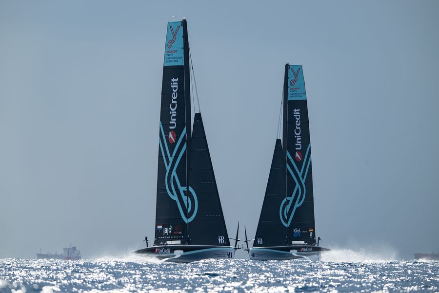 September 17, 2024. UniCredit Youth America's Cup, Race Day 6 - Group B. Swedish Challenge Youth Team powered by Artemis Technologies, Youth AC Team Germany. Photo Credit: AC37 media