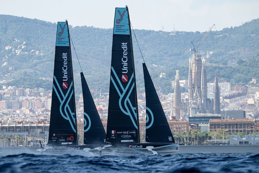 September 17, 2024. UniCredit Youth America's Cup, Race Day 6 - Group A. Orient Express - L'Oréal Racing Youth Team, Alinghi Red Bull Racing Youth Team Photo Credit: AC37 media