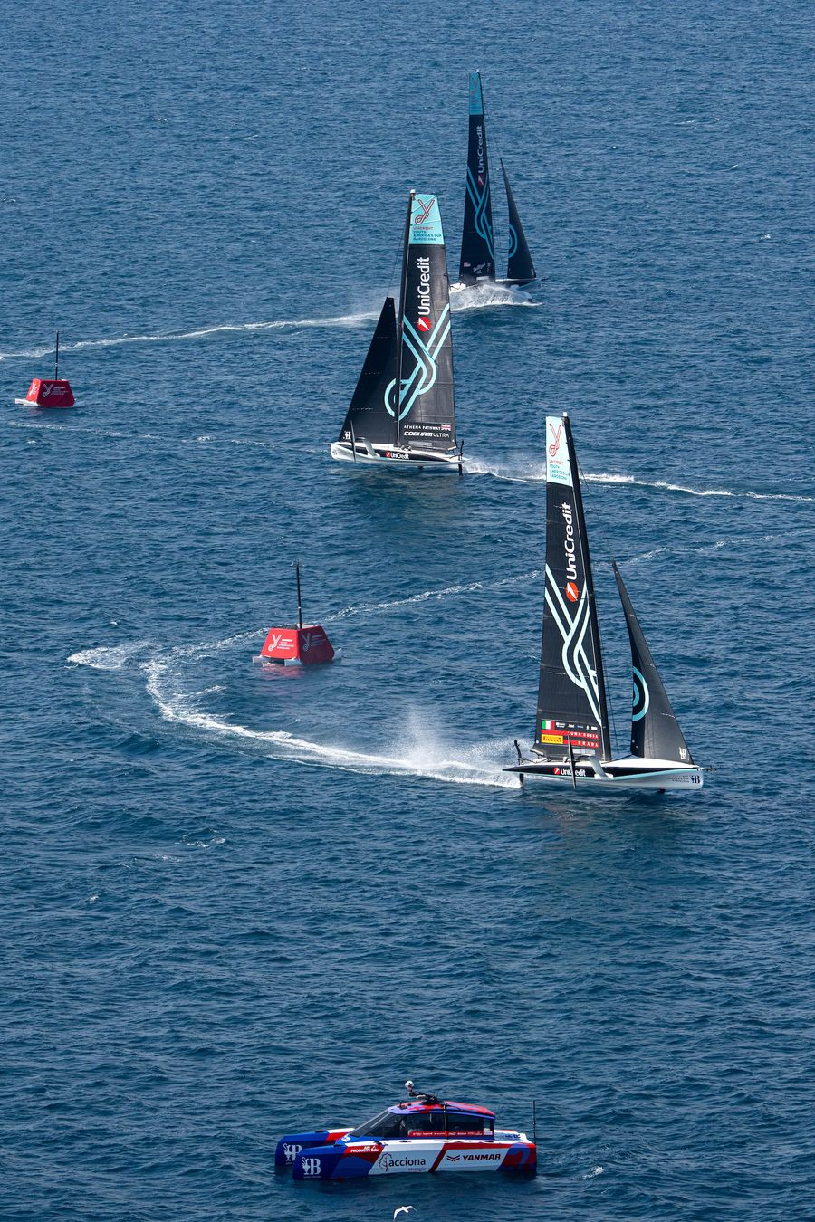 September 17, 2024. UniCredit Youth America's Cup, Race Day 7, Semi Finals. Luna Rossa Prada Pirelli Youth Team, NYYC American Magic Youth Team, Athena Pathway - Youth Photo Credit: AC37 media