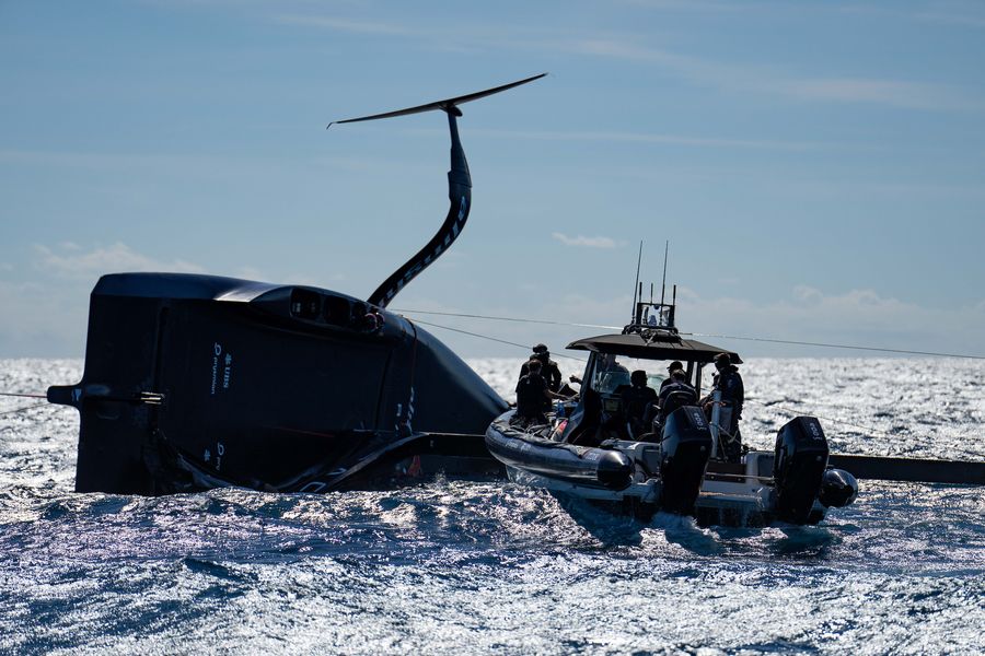 September 29, 2024. Louis Vuitton Cup, Final Race Day 3. Alinghi Topples Over Picture Credit: AC37 media