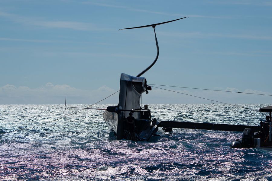 September 29, 2024. Louis Vuitton Cup, Final Race Day 3. Alinghi Topples Over Picture Credit: AC37 media