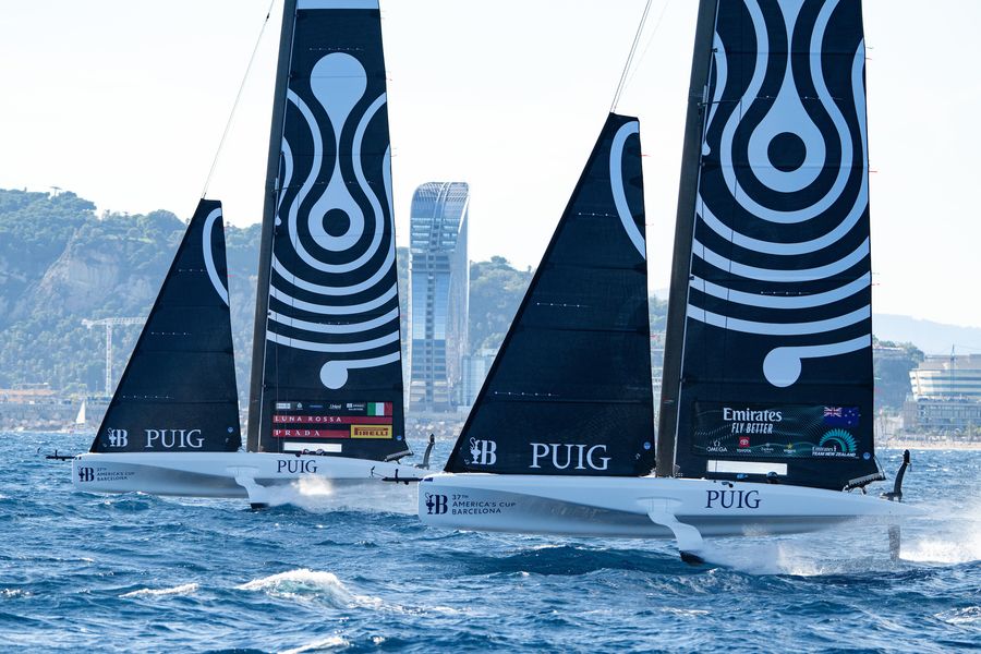 October 05, 2024. 37th America’s Cup -Puig Women's America's Cup, Qualifying - Group A. Luna Rossa Prada Pirelli Women's Team, Emirates Team New Zealand Women's Team Photo Credit: AC37 media