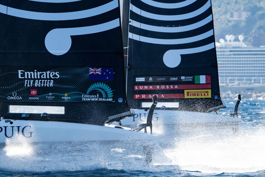 October 05, 2024. 37th America’s Cup -Puig Women's America's Cup, Qualifying - Group A. Luna Rossa Prada Pirelli Women's Team, Emirates Team New Zealand Women's Team Photo Credit: AC37 media
