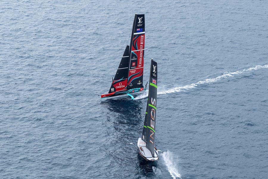 October 12, 2024. Louis Vuitton 37th America's Cup, Race Day 1. EMIRATES TEAM NEW ZEALAND, INEOS BRITANNIA Photo Credit: AC37 media
