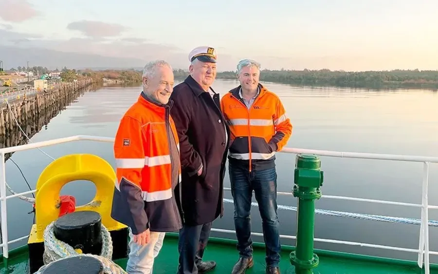 Westland Mineral Sands chair Duncan Harie, Resources Minister Shane Jones and WMS managing director Ray Mudgway aboard the Manahau in Westport around 16 August 2024 Photo Credit: Ellen Curnow
