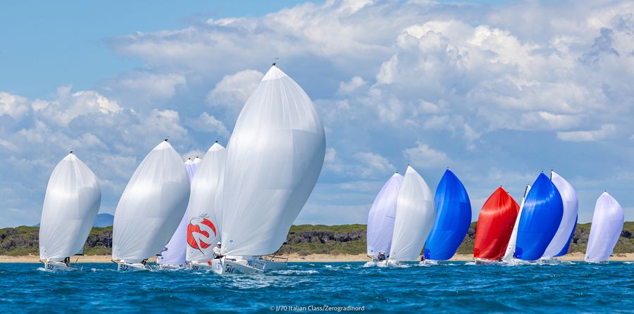 Boats line up on the water at Porto Cervo as the J/70 fleet gears up for the season.