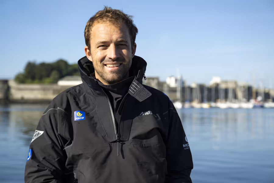 Sam Goodchild in front of the Lorient base