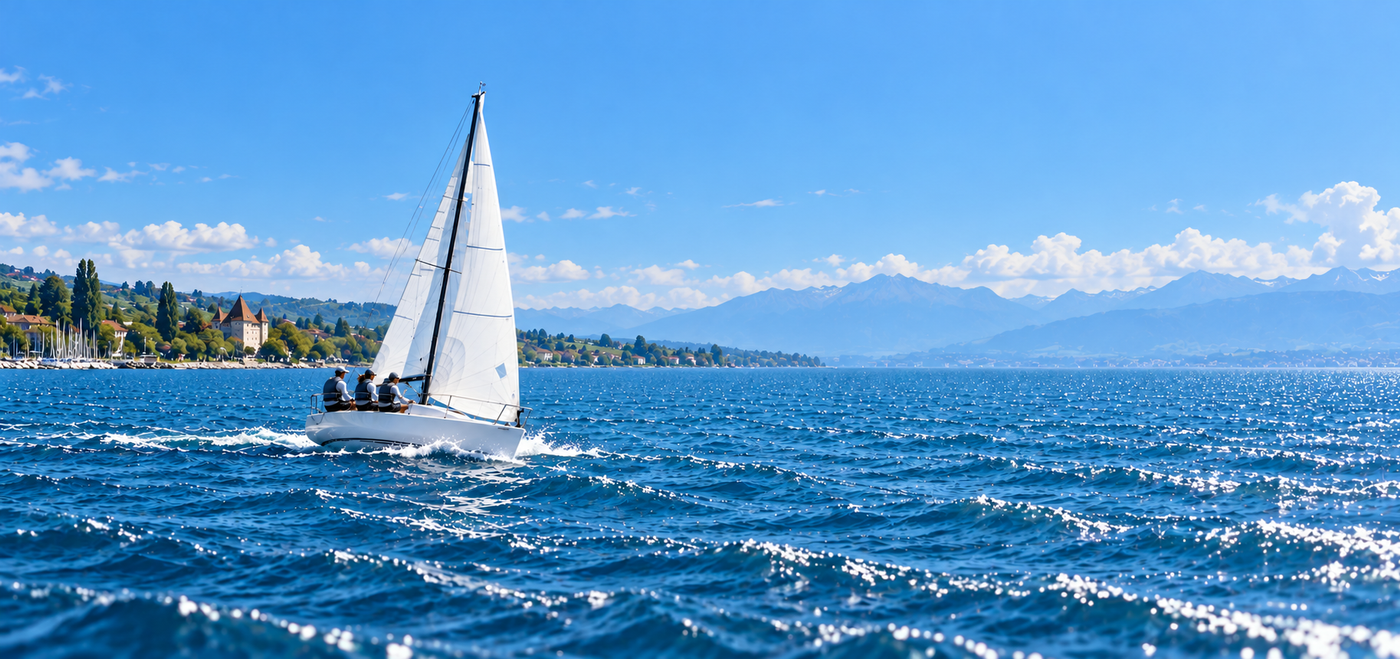 J/70 sailing on Lake Geneva, where Club Nautique Morgien hosted the 2026 Swiss Sailing Super League finale. AI-generated illustration.