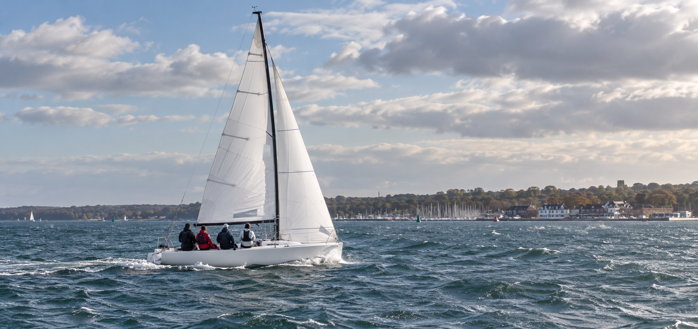 An illustration of J/70 sailing on the Solent near the Hamble River. Image: AI generated for Go Boating NZ.