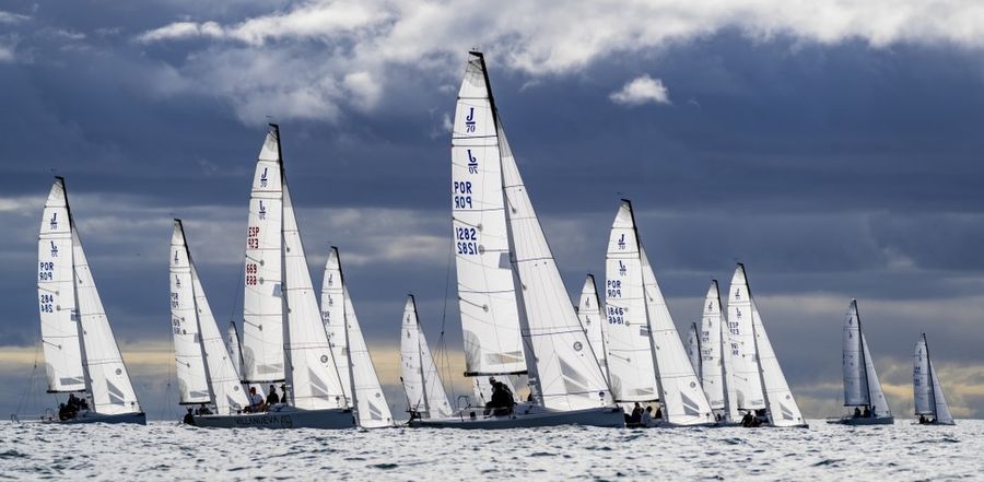 A fleet takes to the water in Cascais as preparations continue for the J/70 Worlds