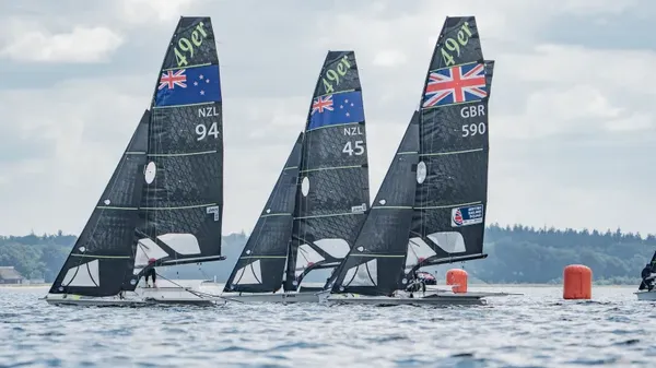 Seb Menzies and George Lee Rush (NZL 94), along with Mattias Coutts and Oscar Gunn, impressed at the 49er European Championships in Germany.