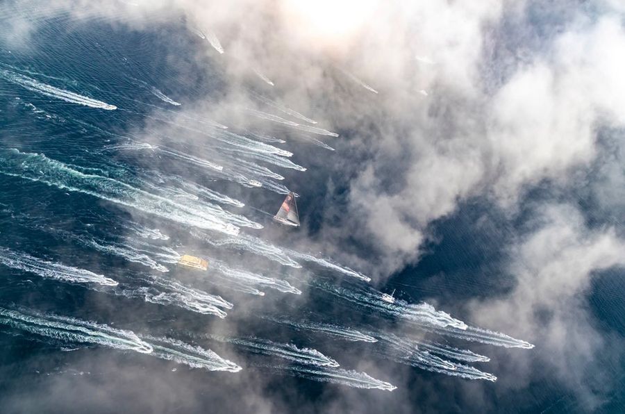 An aerial shot of Wild Oats XI making her way to the Rolex Sydney Hobart finish line.