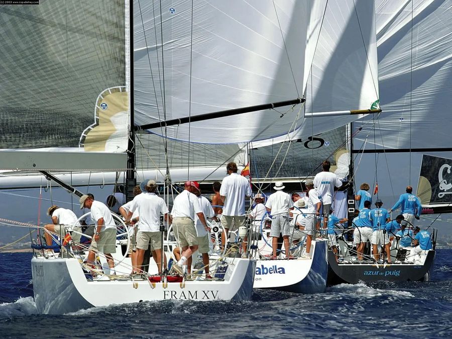 King Harald racing "Fram XV" in the Copa Del Rey at Palma. The IMS50 was later used to train young Norwegian sailors through the Norwegian Sailing Association.