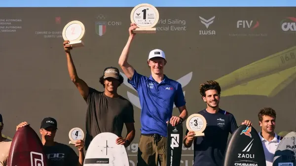 Sean Herbert celebrates his first World Cup win in Sardinia.