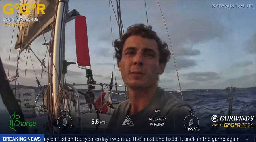 Louis Kerdelhué aboard Ie Charge during an earlier GGR Window Live transmission. Race Control raised a Code Orange on 5 October over slow tracker movement and missed safety reports, though Louis later sent a reassuring YB message reading 'RAS' (nothing to report), despite satellite phone contact still not being confirmed. Credit: GGR2026