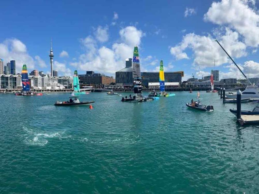 A busy day on the water at Jellicoe Wharf, home of the Auckland Boat Show, Rolex SailGP, and Emirates Team New Zealand