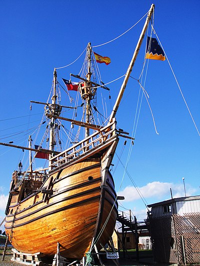 A replica of Victoria, one of Magellan's ships, in the Museo Nao Victoria, Punta Arenas, Chile. Photo credit: wikipedia
