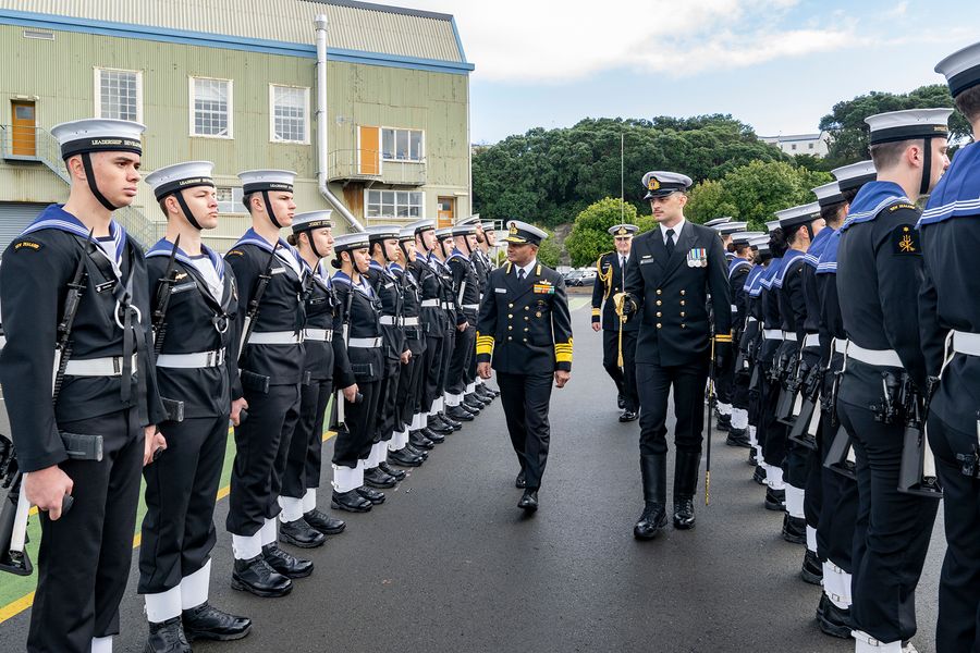 Admiral Swaminathan inspects the Guard of Honour on Gambia Square, Devonport Naval Base