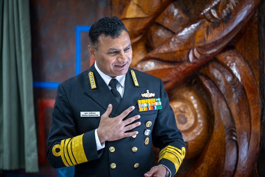 Admiral Swaminathan speaks at the Royal New Zealand Navy marae, Te Taua Moana