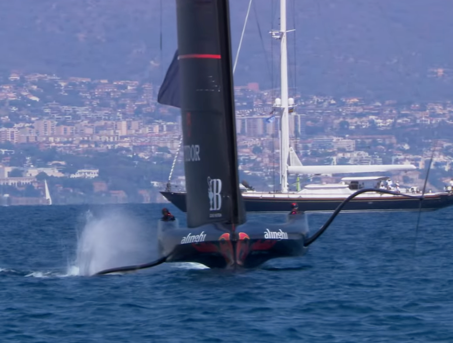 The first splash down of the day. Alinghi hits the water. Photo Credit: AC37 media