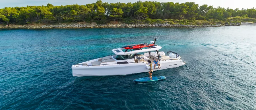 An open-air experience with the protection of an enclosed helm, the Axopar 45 Crosstop is a major adventure boat for the entire family / Credit: Axopar