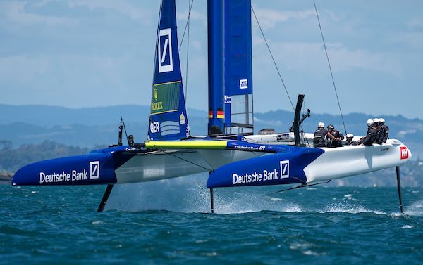 Germany SailGP Team helmed by Erik Heil in action during a practice session ahead of The Rolex SailGP 2025 Championship ITM New Zealand Sail Grand Prix in Auckland, New Zealand. Tuesday 14 January 2025. Photo: Bob Martin for SailGP. Handout image supplied by SailGP
