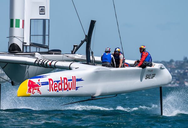 Red Bull Italy SailGP Team helmed by Ruggero Tita in action during a practice session ahead of The Rolex SailGP 2025 Championship ITM New Zealand Sail Grand Prix in Auckland, New Zealand. Tuesday 14 January 2025. Photo: Bob Martin for SailGP. Handout image supplied by SailGP