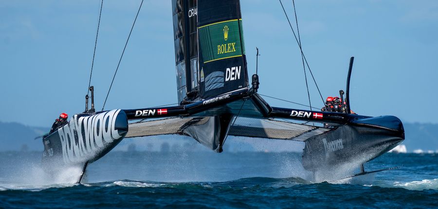 ROCKWOOL Denmark SailGP Team helmed by Nicolai Sehested in action during a practice session ahead of The Rolex SailGP 2025 Championship ITM New Zealand Sail Grand Prix in Auckland, New Zealand. Tuesday 14 January 2025. Photo: Bob Martin for SailGP.