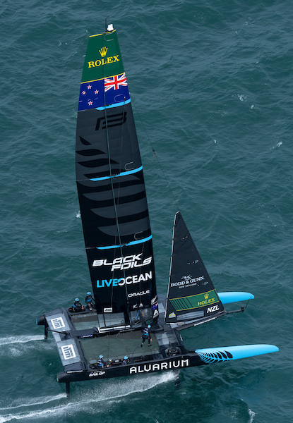 New Zealand SailGP Team helmed by Peter Burling in action during a practice session ahead of the Rolex SailGP 2025 Championship ITM New Zealand Sail Grand Prix in Auckland, New Zealand. Friday 17 January 2025. Photo: Bob Martin for SailGP.