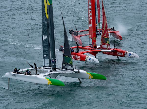 Australia SailGP Team helmed by Tom Slingsby alongside Emirates Great Britain SailGP Team helmed by Dylan Fletcher and Spain SailGP Team helmed by Diego Botin in the final race on Race Day 2 of The Rolex SailGP 2025 Championship ITM New Zealand Sail Grand Prix in Auckland, New Zealand. Sunday 19 January 2025. Photo: Bob Martin for SailGP.